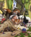 schlafen Mädchen und Bär Panda Affe